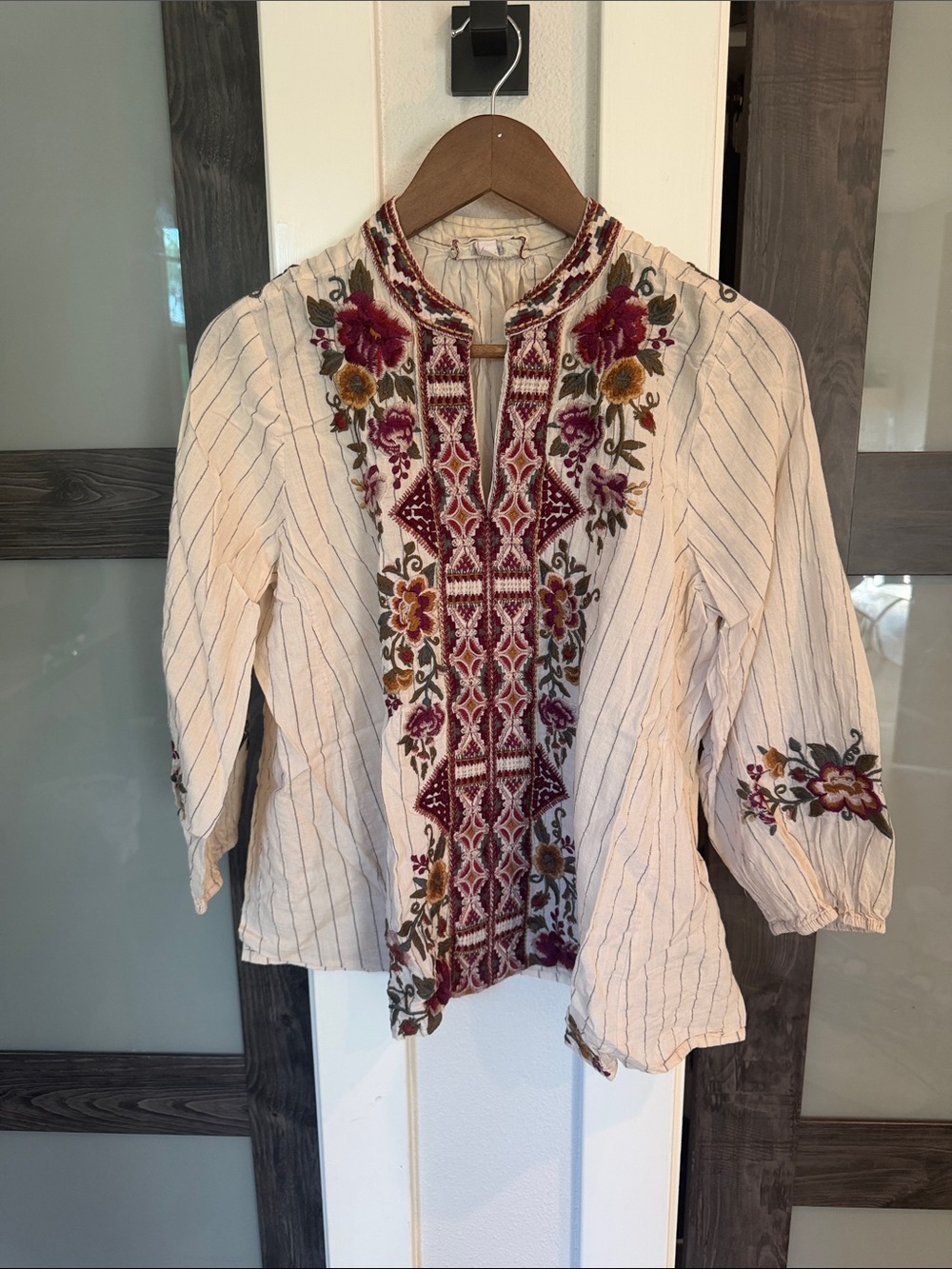 Johnny Was Ivory Peasant Blouse with Floral Detail